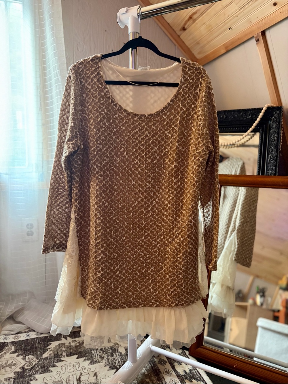 Cracker Barrel Boho Chic Tan & White Long Sleeve Beige Cream Tunic Dress XL